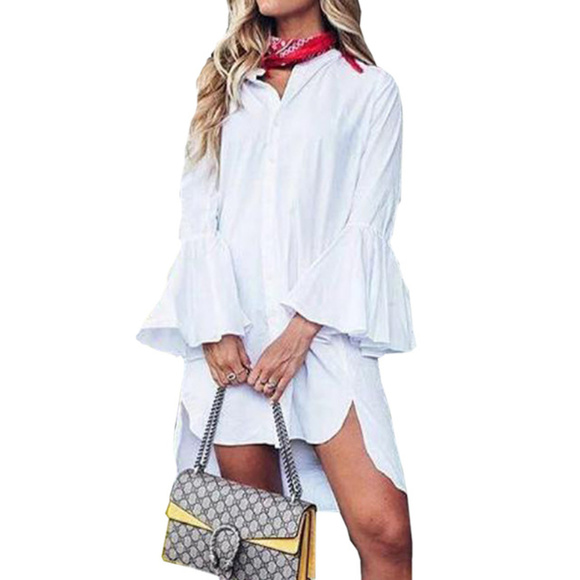 white asymmetrical shirt dress